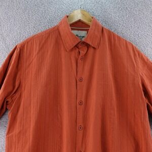 Vintage Silk Men's Button Up Short Sleeve Shirt Size L Orange‎ Textured Camp